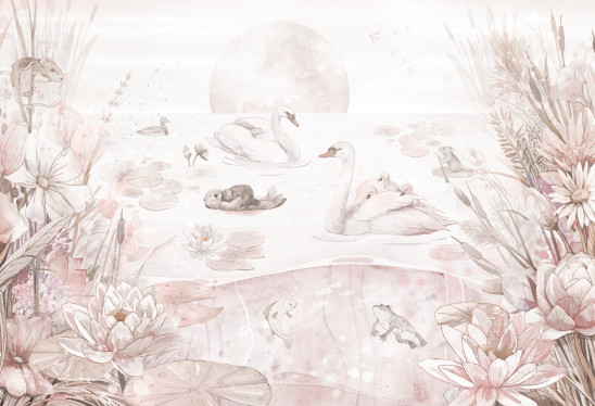 SWAN LAKE - desert rose- kwiatowa tapeta do pokoju dziewczynki z łabędziami