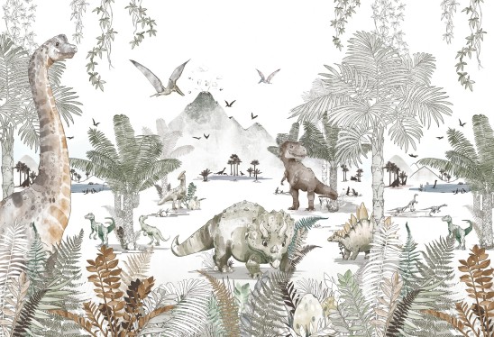DINO WORLD - green - tapeta do pokoju dla chłopca z dinozaurami