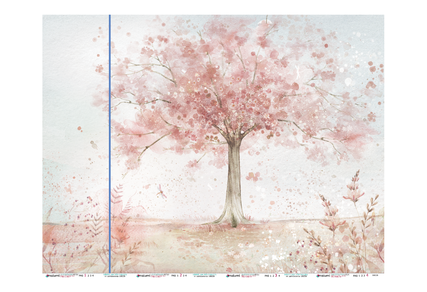 MERRY CHERRY - pink -380 cm x  287cm  tapeta dla dziewczynki z kwiatami i drzewem