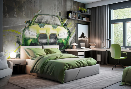 FAST CAR - green -  tapeta z samochodem do pokoju nastolatka