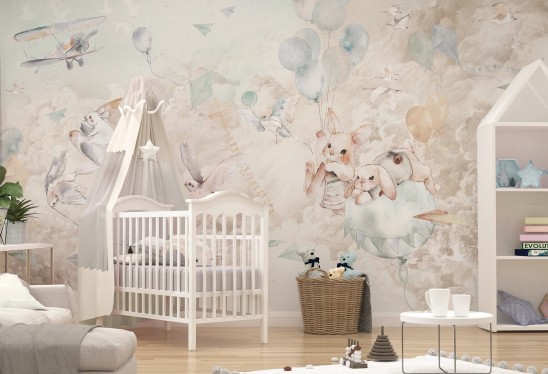 DREAM BABY - mint - tapeta do pokoju niemowlaka w chmury i zwierzątka