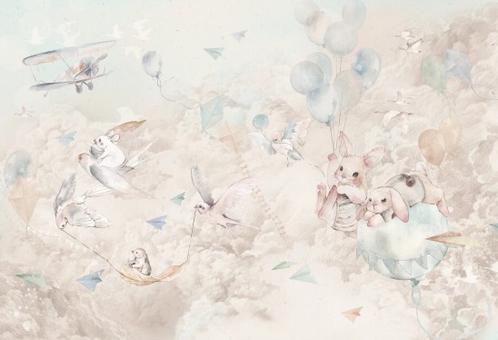 DREAM BABY - mint - tapeta do pokoju niemowlaka w chmury i zwierzątka