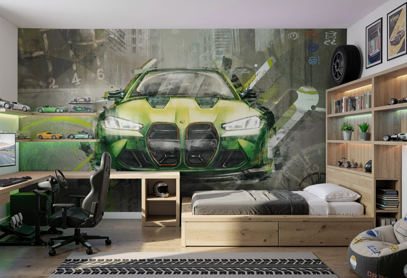 FAST CAR - green -  tapeta z samochodem do pokoju nastolatka