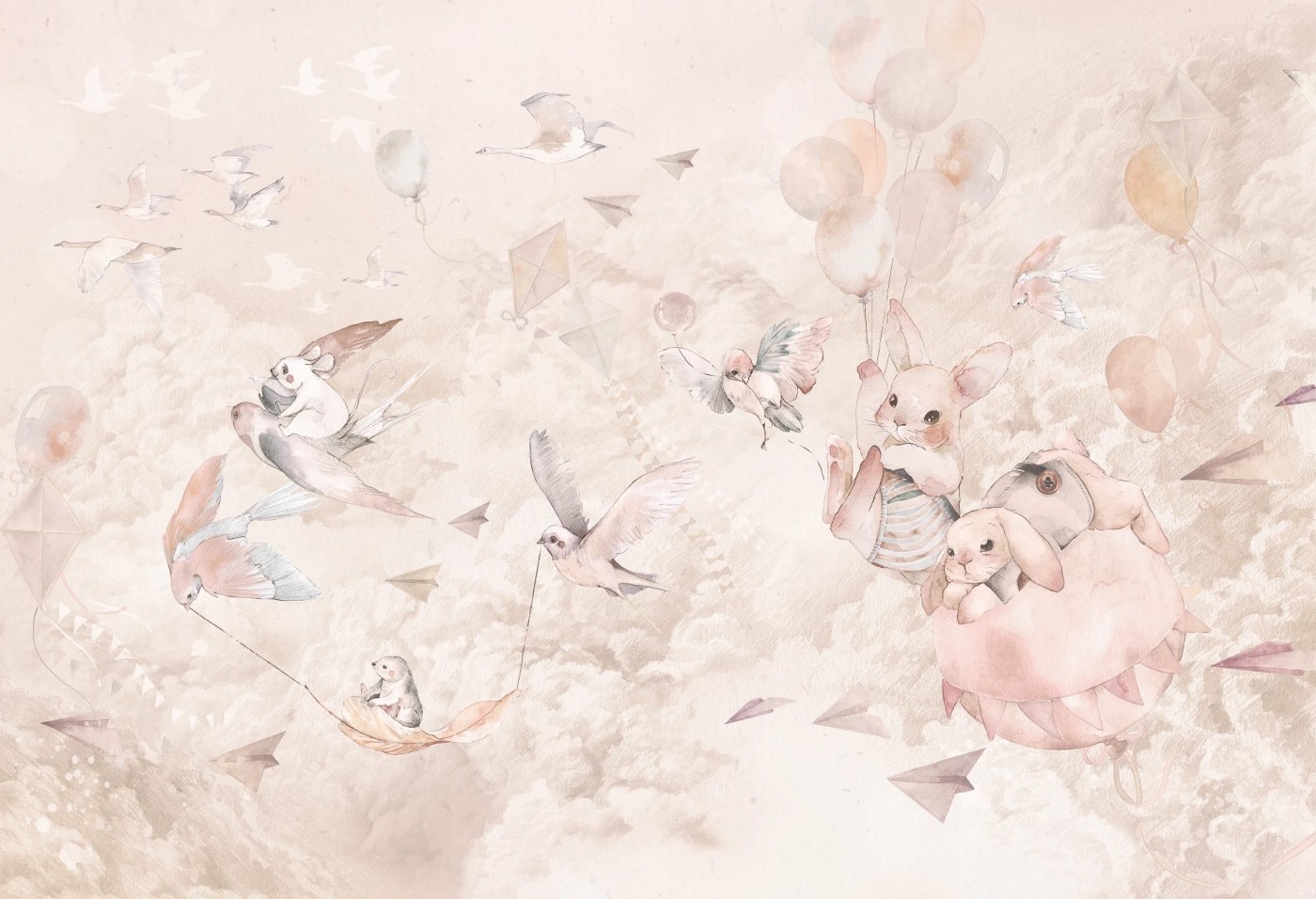 DREAM BABY - rose - tapeta do pokoju niemowlaka dziewczynki w chmury i zwierzątka