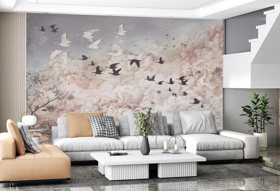 DREAM EVENING - black - tapeta do salonu w ptaki i chmury