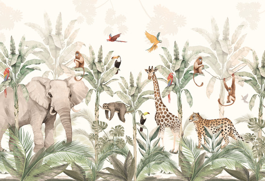 Kolorowa tapeta przedstawiająca bujną dżunglę pełną egzotycznych zwierząt