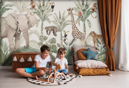 Pełna życia tapeta do pokoju dziecka, ukazująca sceny z dżungli