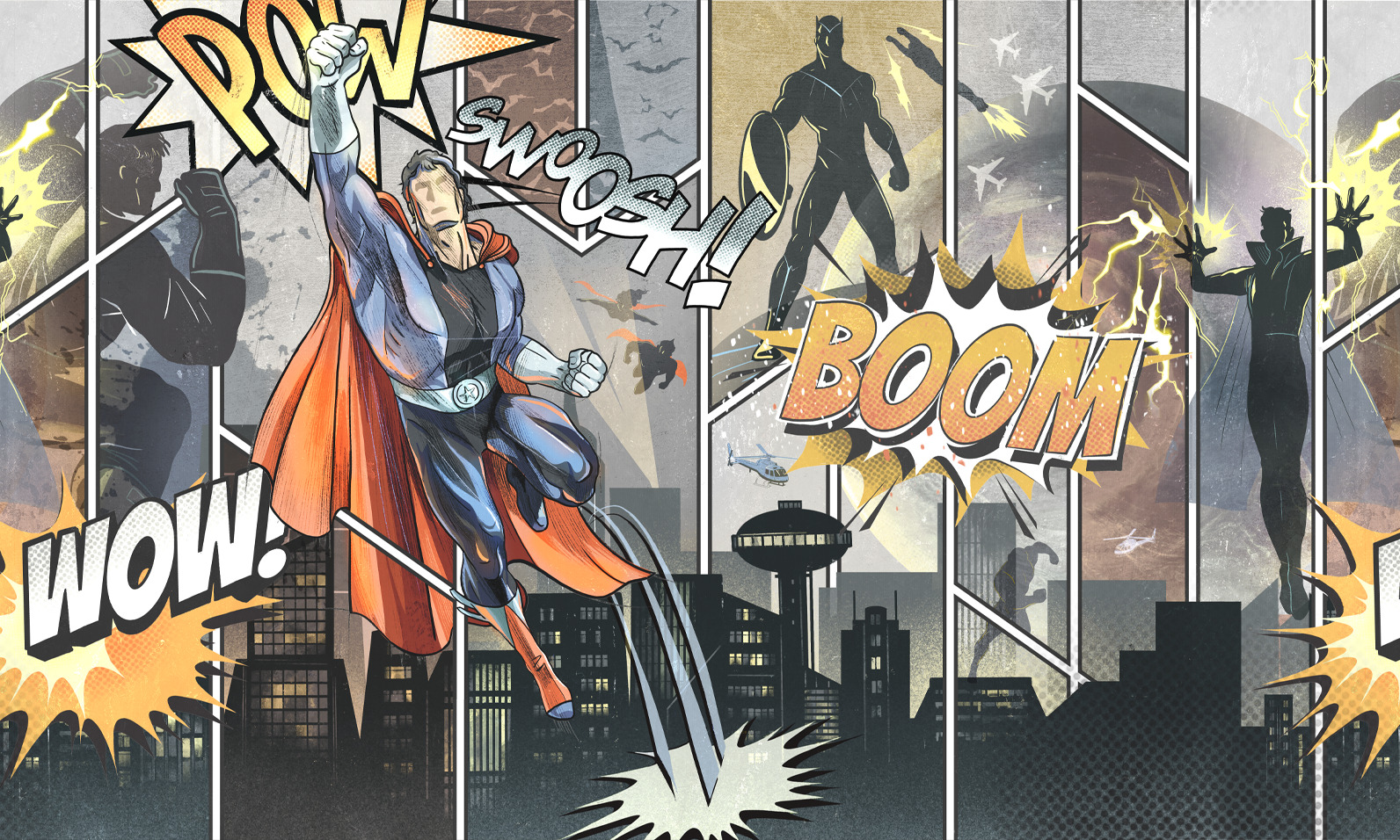 Komiksowa tapeta z różnymi superbohaterami