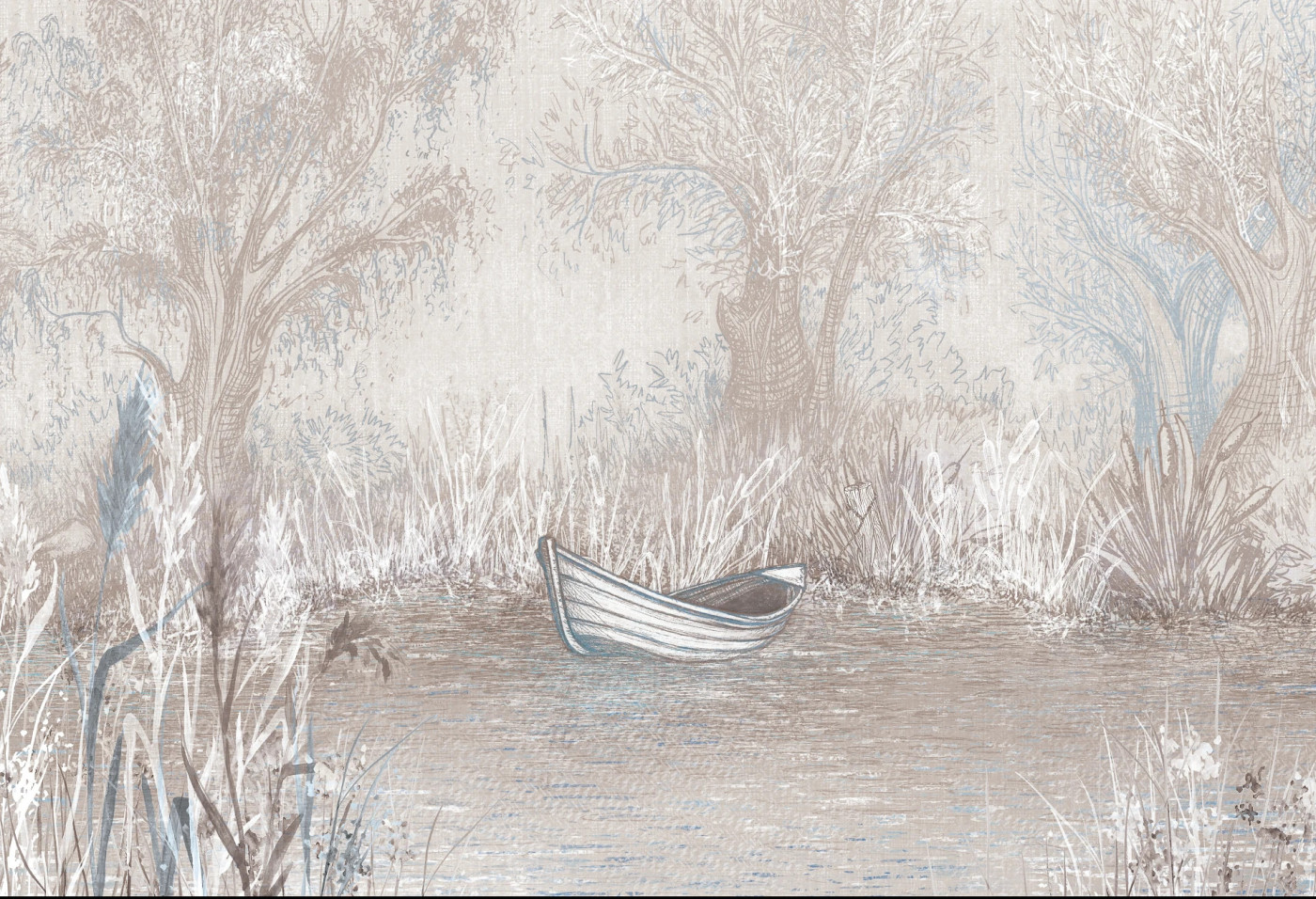 RIVERSIDE BOAT - blue - artystyczna tapeta z motywem brzegu rzeki do salonu lub sypialni RIVERSIDE BOAT - blue - artystyczna tapeta z motywem brzegu rzeki do salonu lub sypialni