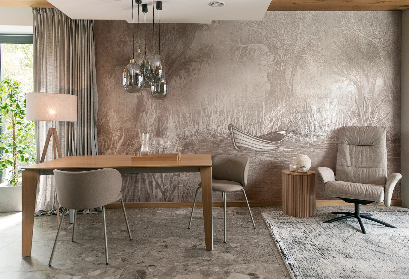 RIVERSIDE BOAT - neutral - artystyczna tapeta pejzażowa do eleganckiego salonu lub sypialni