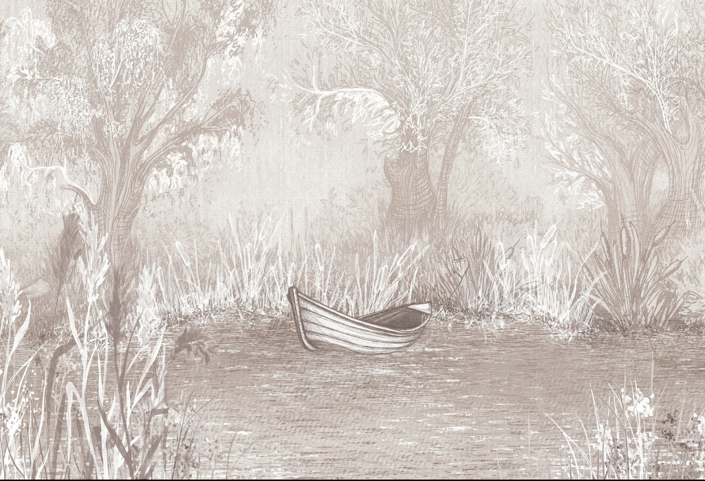 RIVERSIDE BOAT - neutral - artystyczna tapeta pejzażowa do eleganckiego salonu lub sypialni