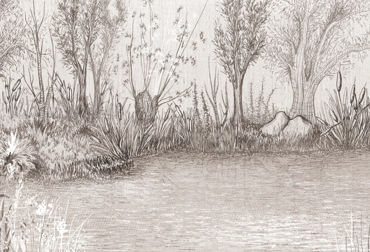 RIVERSIDE - classic - artystyczna tapeta ze szkicem nabrzeża jeziora RIVERSIDE - classic - artystyczna tapeta ze szkicem nabrzeża jeziora