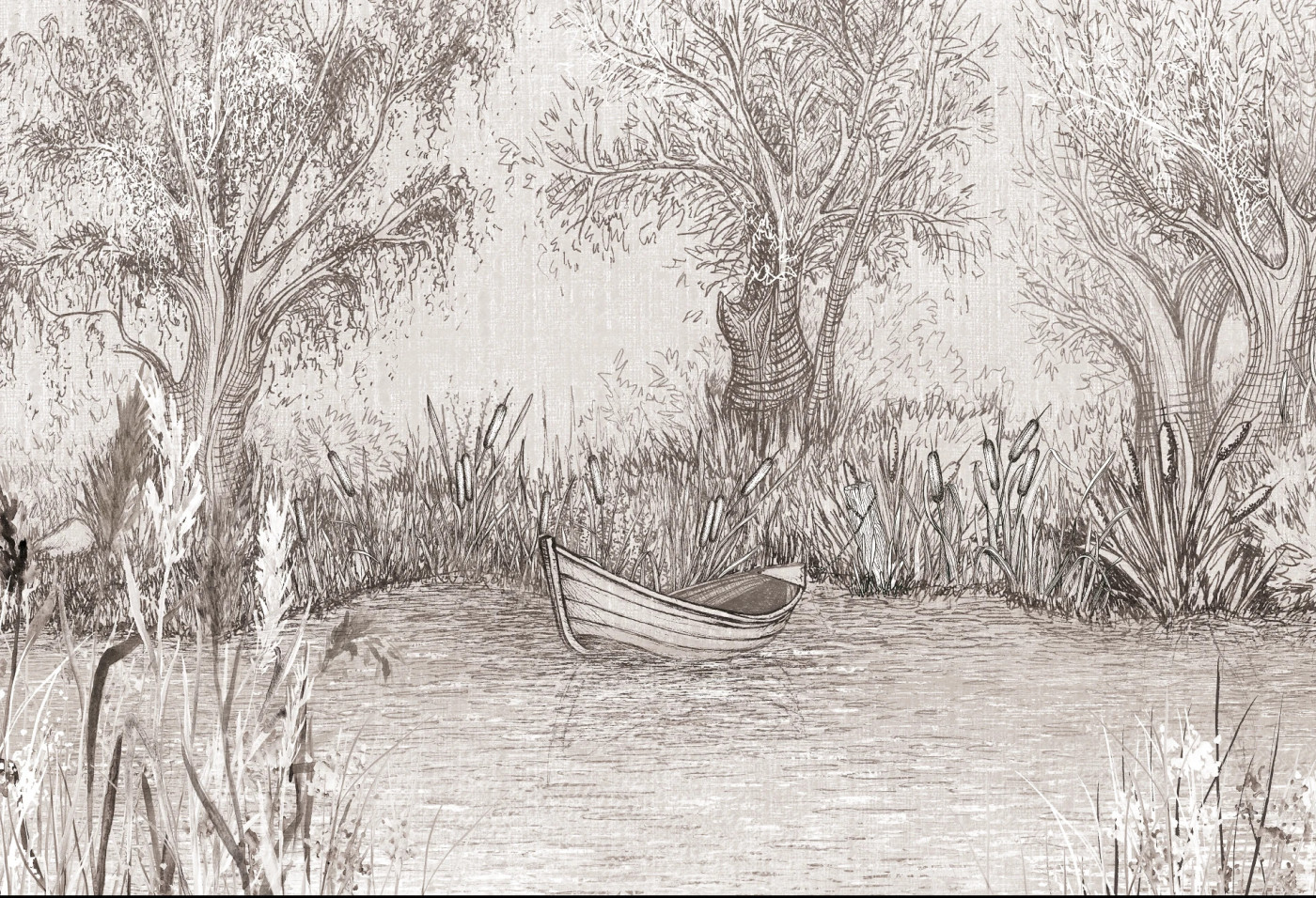RIVERSIDE BOAT - classic - nastrojowa tapeta pejzażowa z motywem łodzi