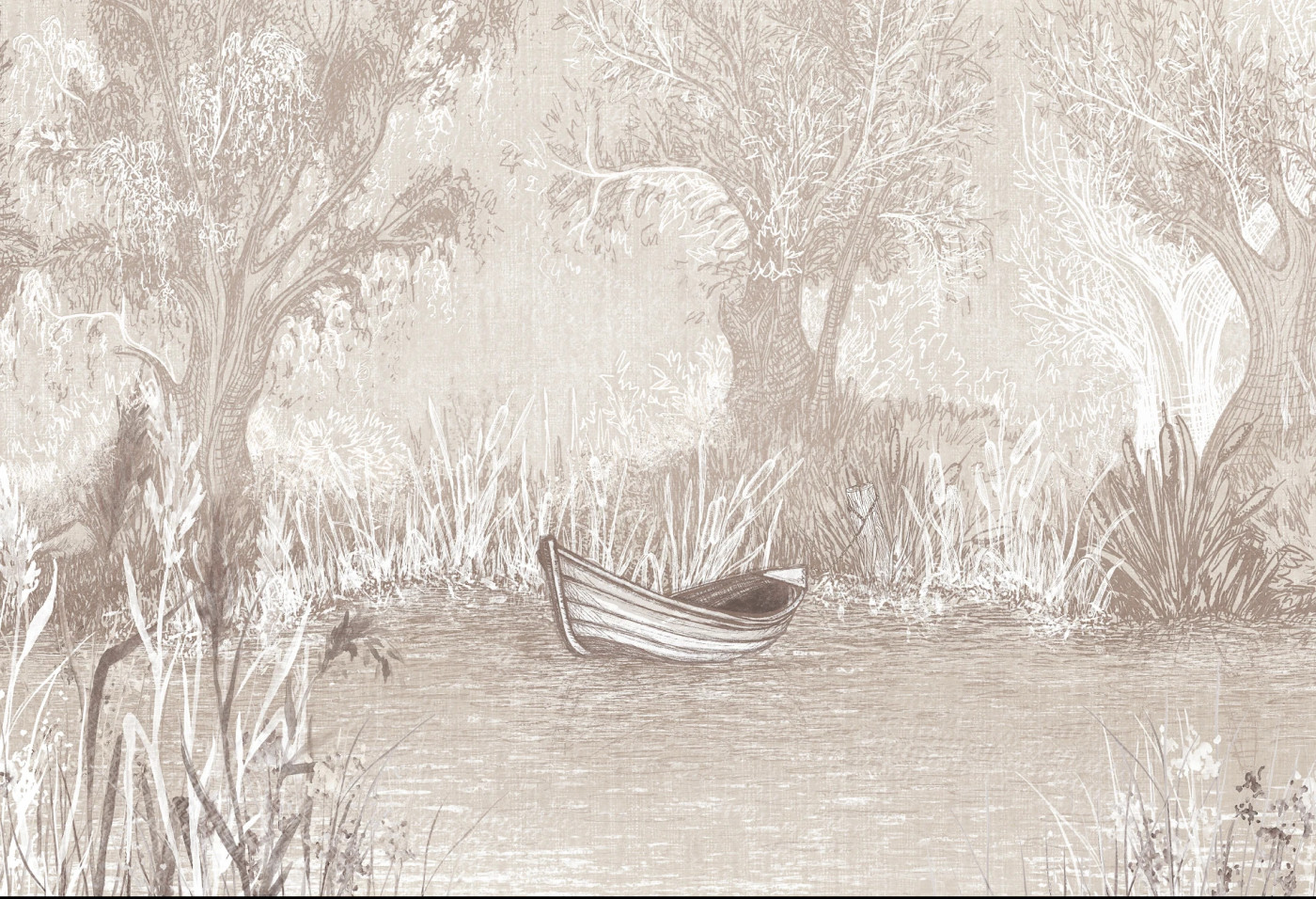 RIVERSIDE BOAT - sand - artystyczna tapeta pejzażowa z łodzią w kolorach ziemi RIVERSIDE BOAT - sand - artystyczna tapeta pejzażowa z łodzią w kolorach ziemi