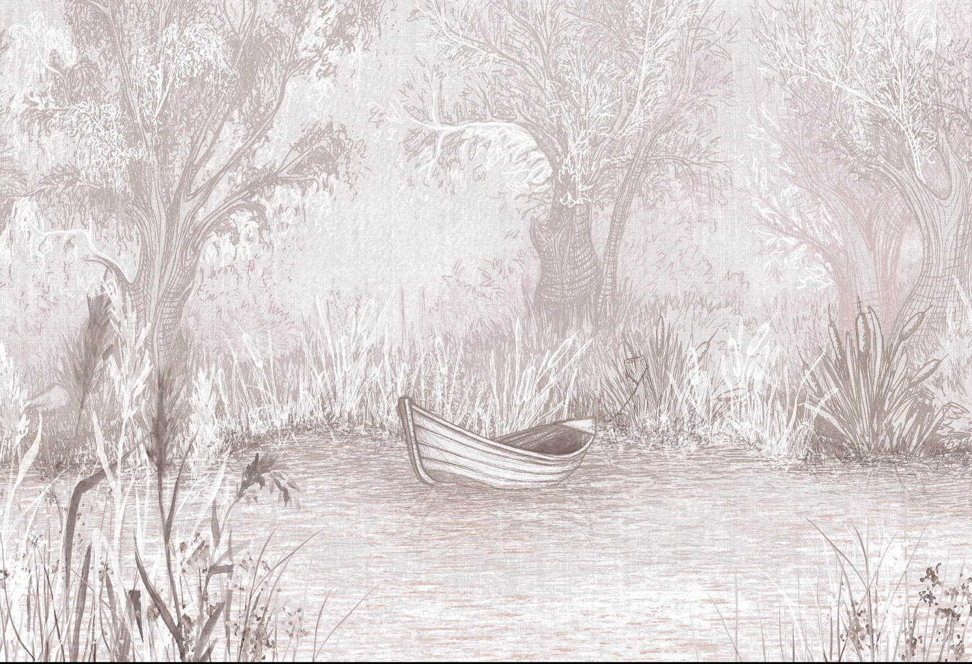 RIVERSIDE BOAT - rose - romantyczna tapeta pejzażowa z łodzią w odcieniu różu RIVERSIDE BOAT - rose - romantyczna tapeta pejzażowa z łodzią w odcieniu różu