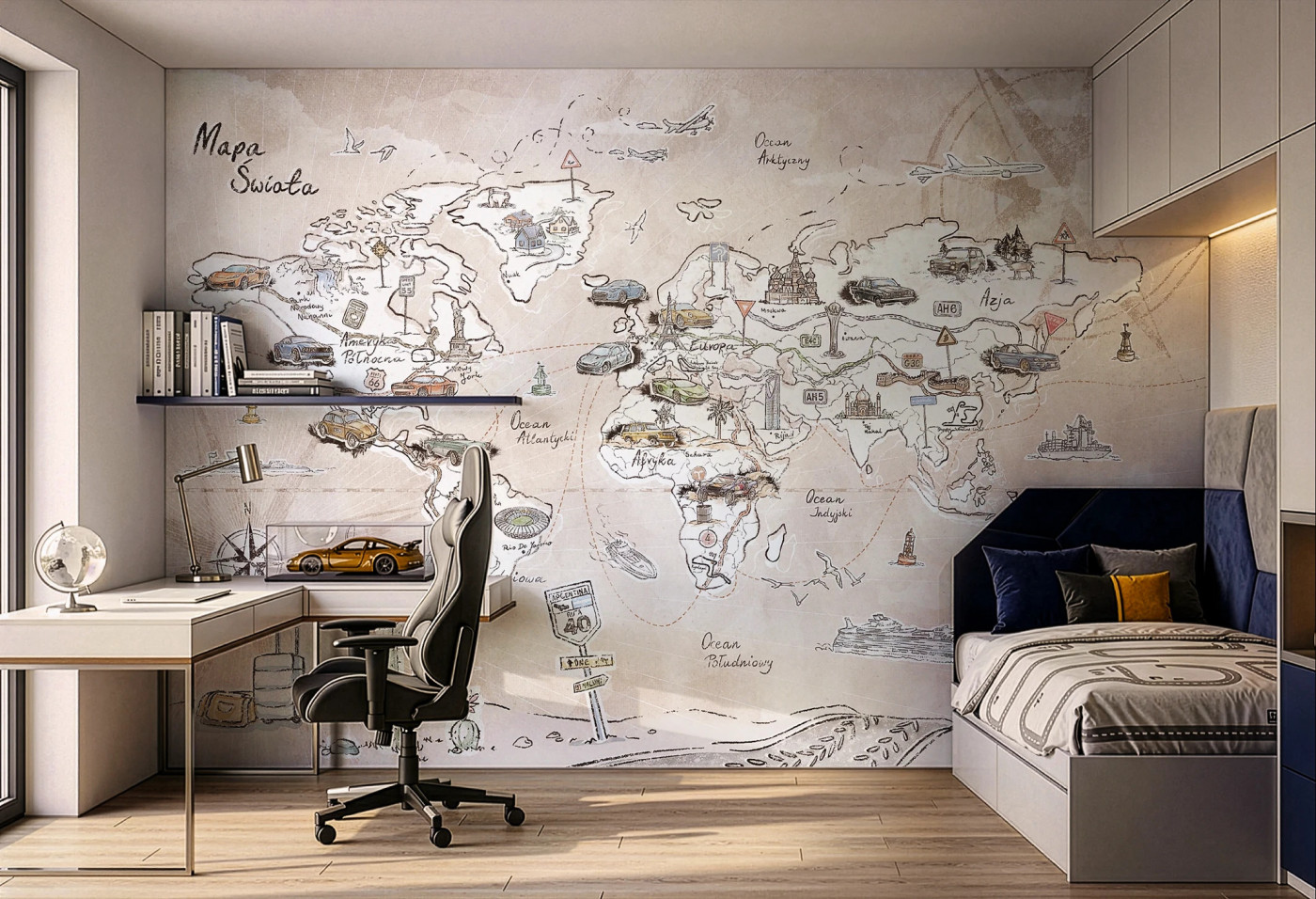 TRIP MAP- beige -  tapeta mapa, idealna do pokoju nastolatka