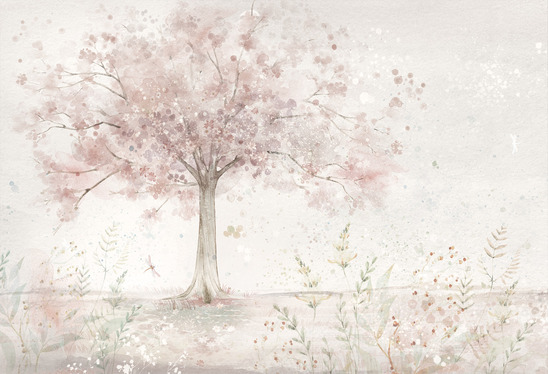 Dziecięca tapeta, kwiaty i drzewo, pudrowa