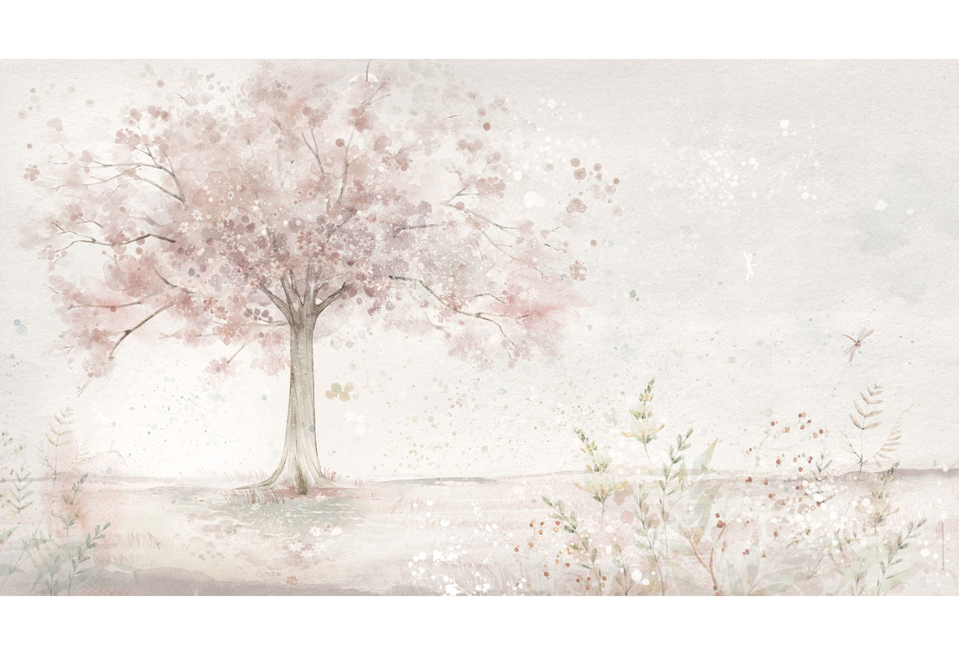 Tapeta w pastelowym, pudrowym kolorze z kwiatami i drzewem