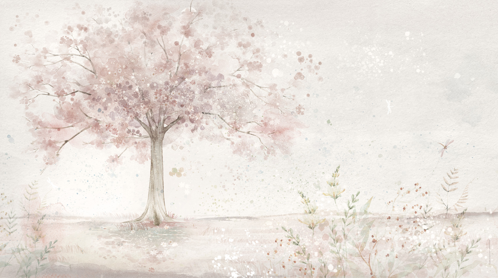 Tapeta w pastelowym, pudrowym kolorze z kwiatami i drzewem