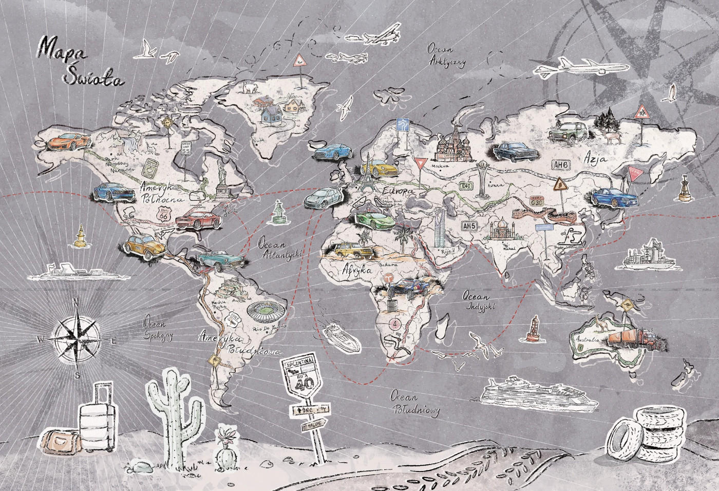 TRIP MAP  - grey-  tapeta do pokoju dziecka mapa świata
