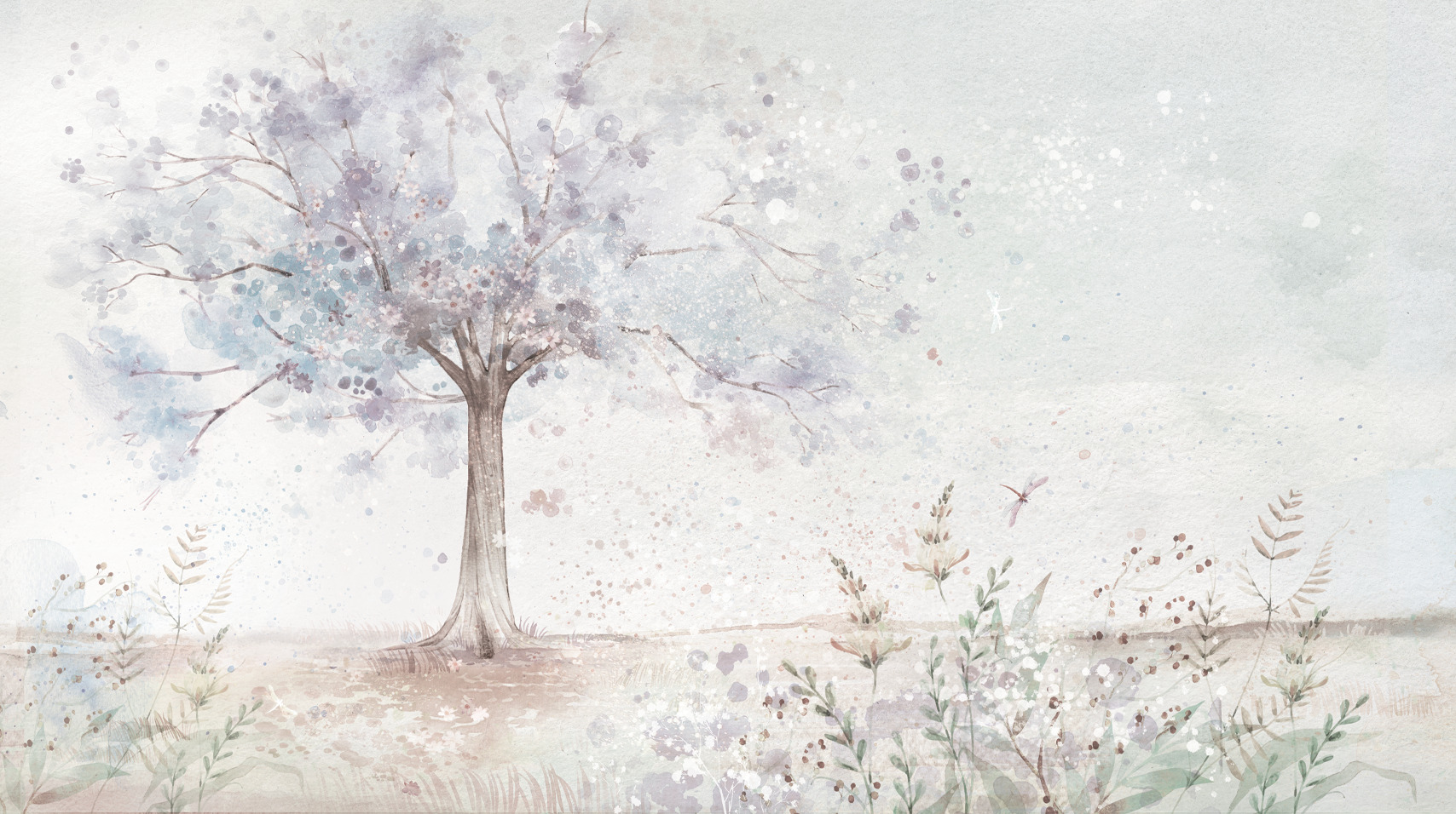 fioletowa tapeta dla dziewczynki, ozdobiona kwiatami i drzewem