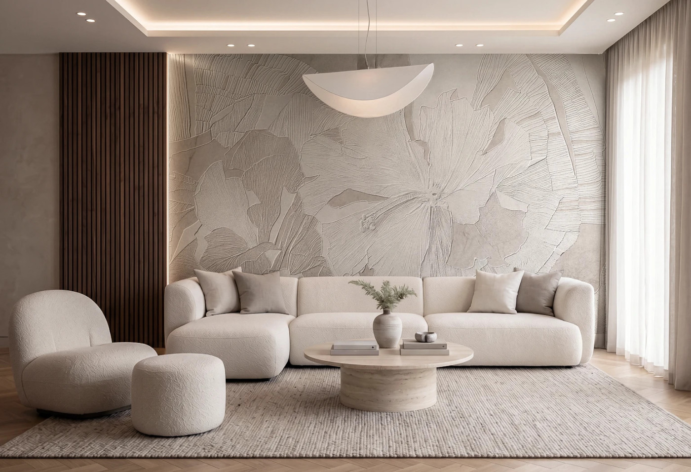 HIBISCUS RELIEF - latte - tapeta w stylu secesyjnym do salonu lub sypialni HIBISCUS RELIEF - latte - tapeta w stylu secesyjnym do salonu lub sypialni