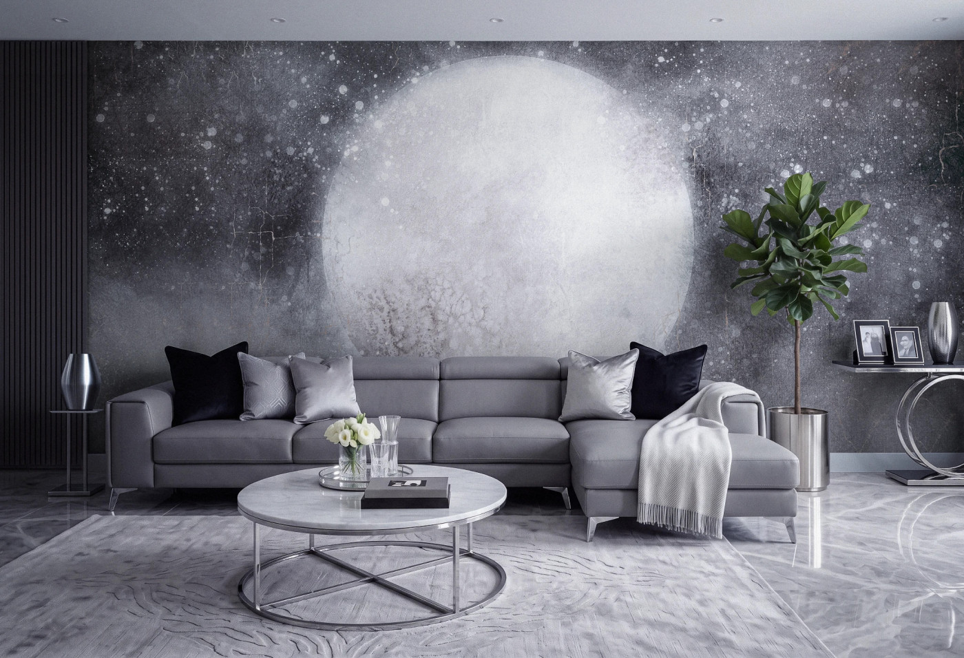 MOONLIGHT - cold grey - nowoczesna tapeta z księżycem do salonu w chłodnej szarości MOONLIGHT - cold grey - nowoczesna tapeta z księżycem do salonu w chłodnej szarości