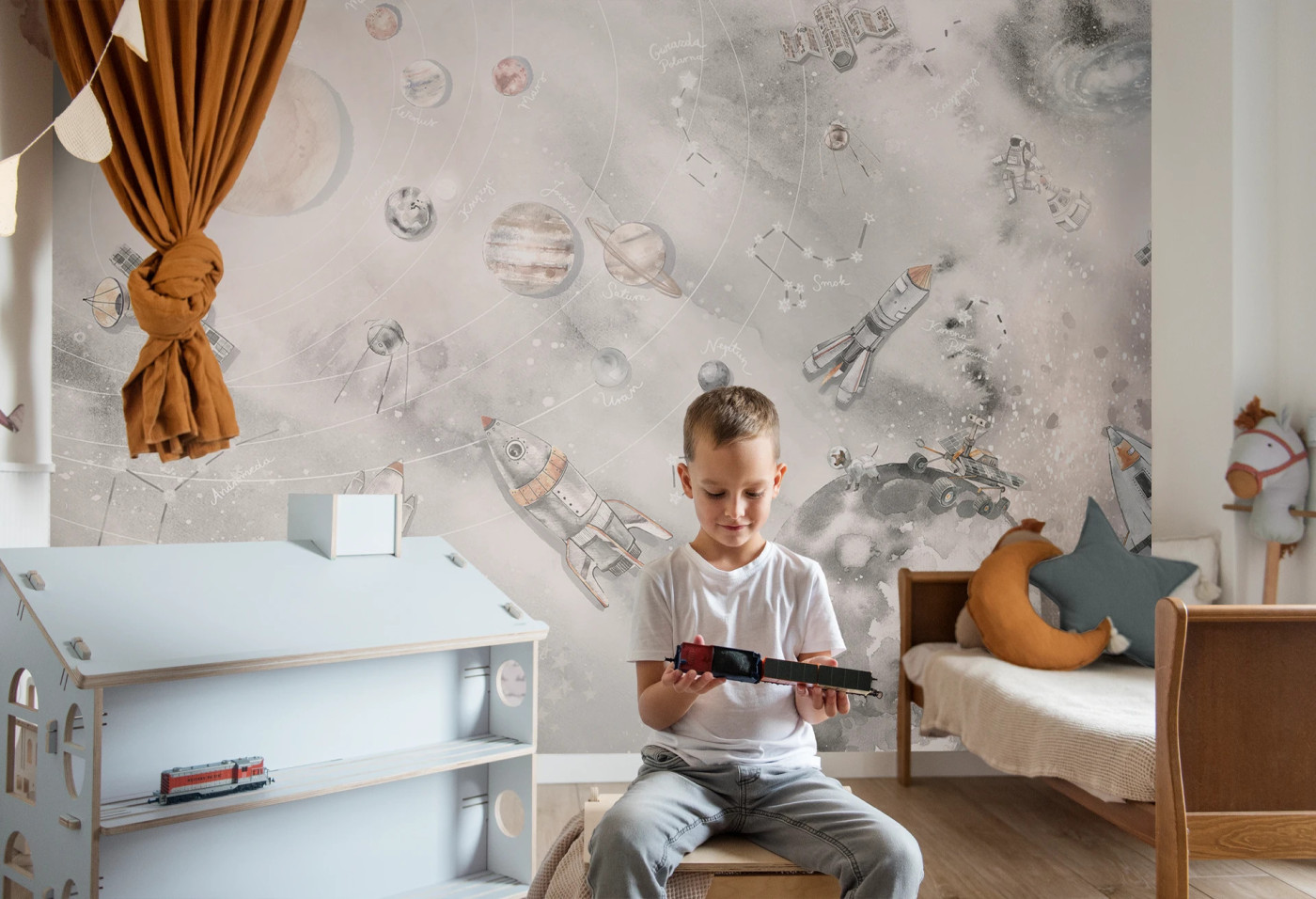 KOSMOS - grey - edukacyjna tapeta z motywem układu słonecznego dla dzieci KOSMOS - grey - edukacyjna tapeta z motywem układu słonecznego dla dzieci