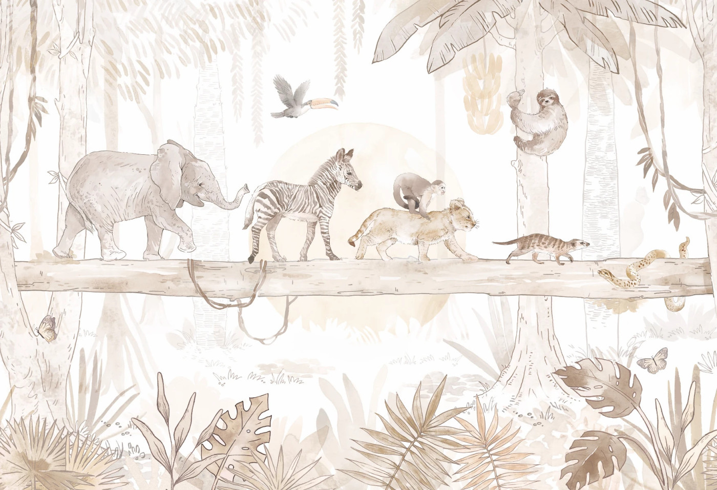 SAFARI - ANIMALS - sepia - tapeta do pokoju dziecięcego w afrykańskie zwierzęta