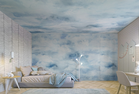 Tapeta w odcieniach błękitu z akwarelowymi chmurami dla pokoju dziecięcego