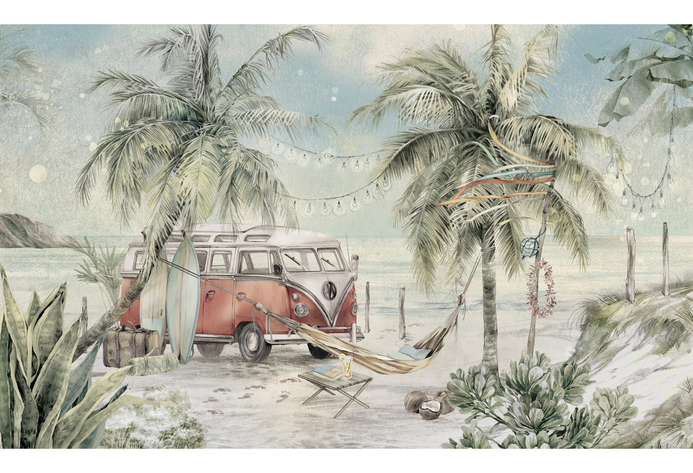 Kolorowa tapeta z wizerunkiem vana i deskami surfingowymi na tle plaży