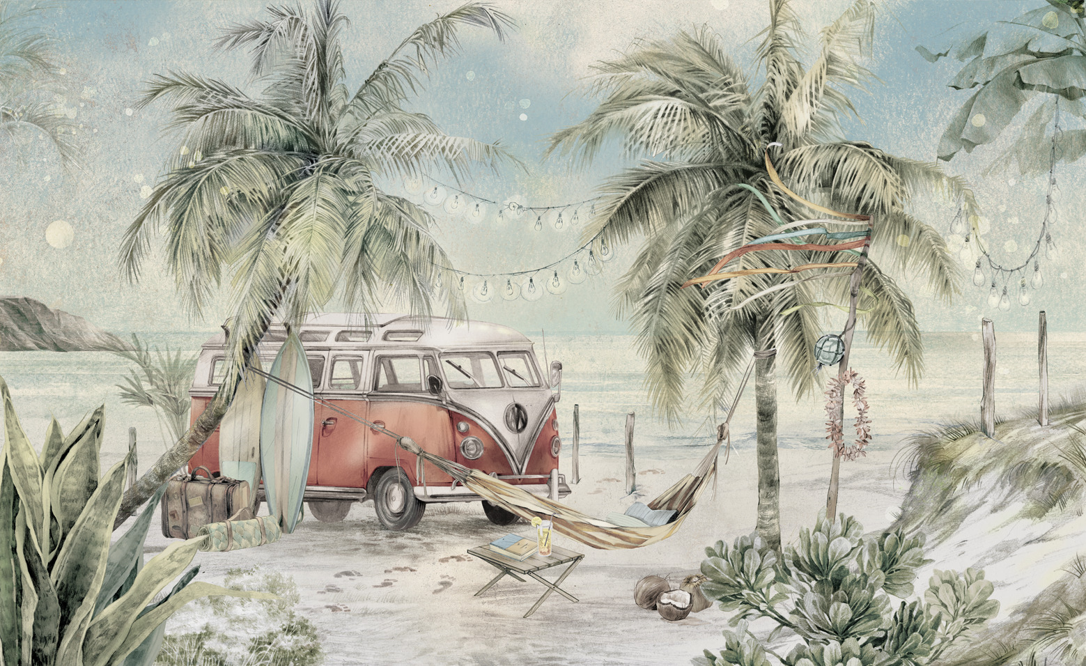 Kolorowa tapeta z wizerunkiem vana i deskami surfingowymi na tle plaży