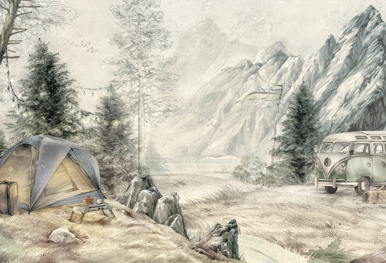 Tapeta przedstawiająca campera w górskim krajobrazie