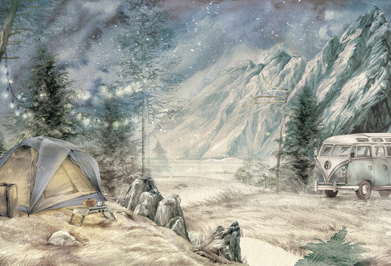 Tapeta przedstawiająca camper wśród majestatycznych gór