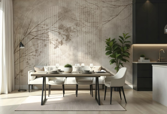 ALBERO - beige - nowoczesna tapeta mglisty las do salonu i sypialni