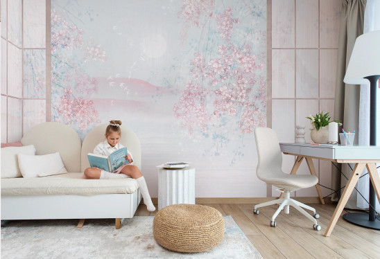 SAKURA - mint - japońska tapeta z motywem kwiatów wiśni