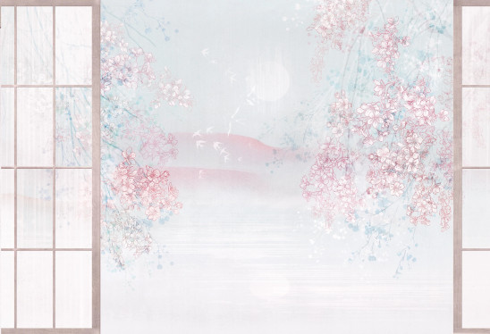 SAKURA - mint - japońska tapeta z motywem kwiatów wiśni