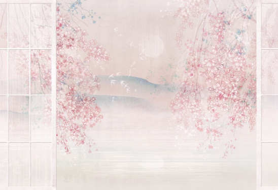 SAKURA - pink - japońska tapeta ścienna z motywem florystycznym