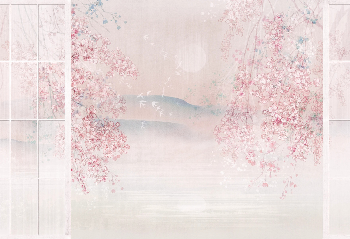 SAKURA - pink - japońska tapeta ścienna z motywem florystycznym