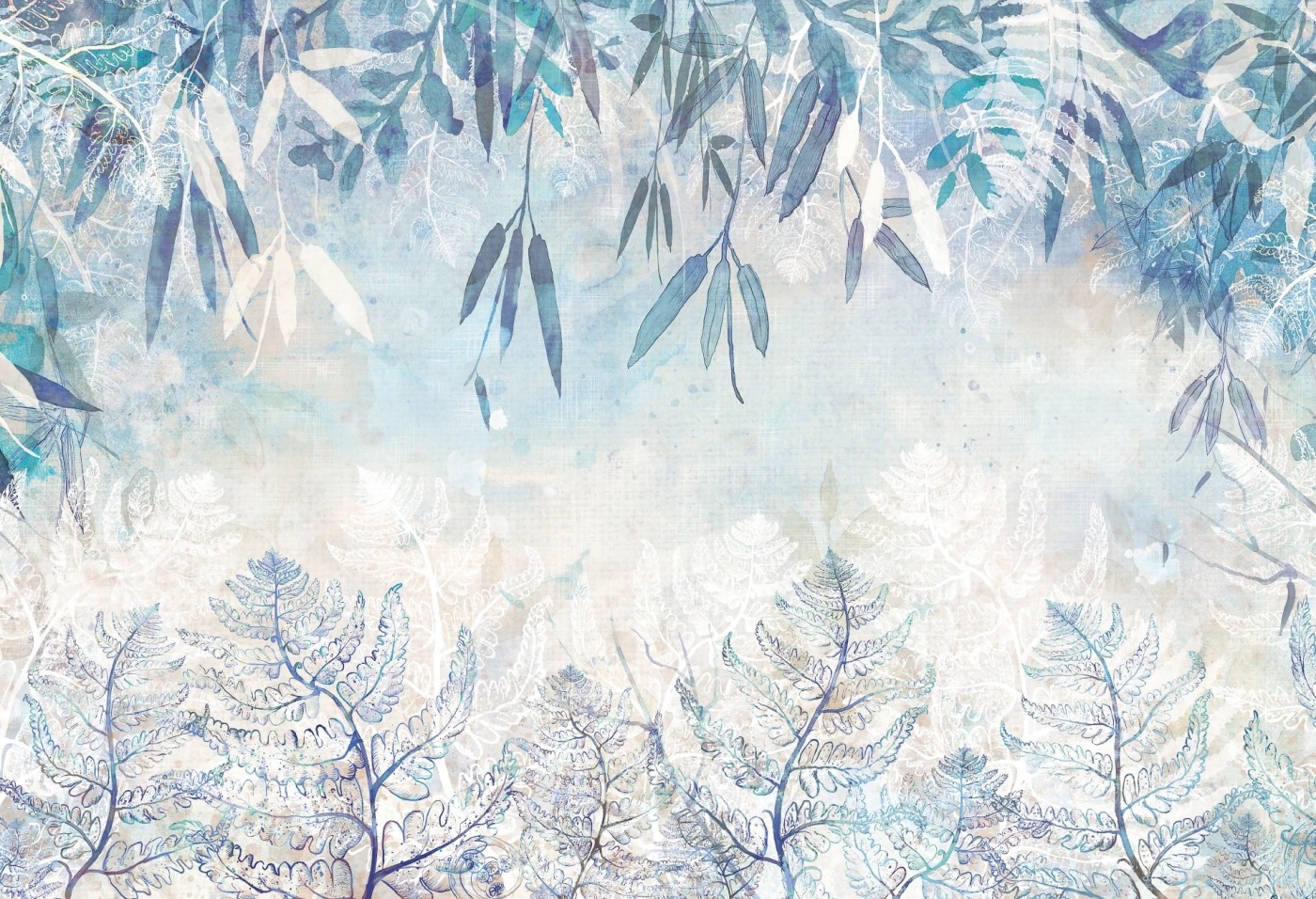 FERN GARDEN - blue - tapeta do salonu lub sypialni w paprocie