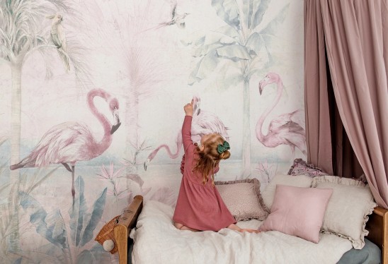 FLAMINGO BAY - soft - tapeta do pokoju dla dziewczynki z flamingami