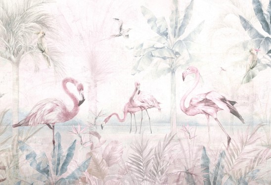 FLAMINGO BAY - soft - tapeta do pokoju dla dziewczynki z flamingami