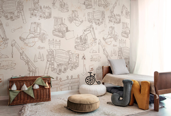 PLAC BUDOWY PATTERN - beige - dziecięca tapeta w maszyny budowlane