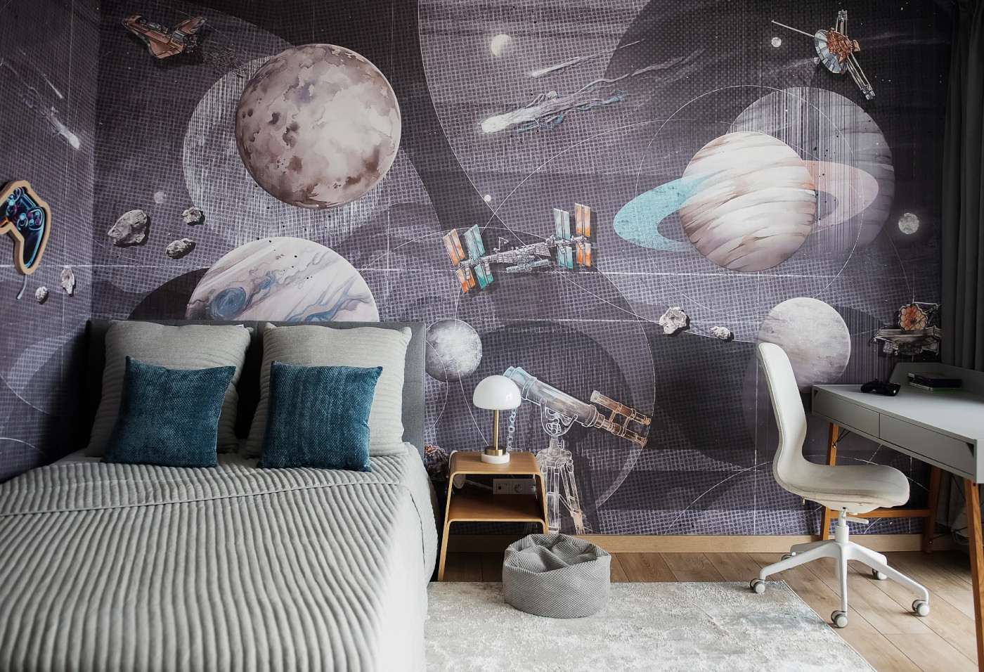 SPACE ZONE - grey- idealna tapeta do pokoju miłośnika kosmosu
