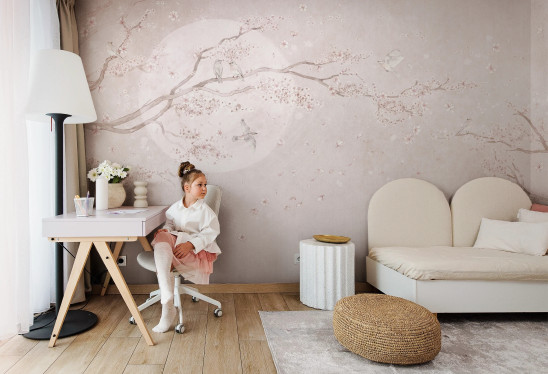 MAGNOLIA - coconut - jasna tapeta dziecięca z gałązkami i ptaszkami