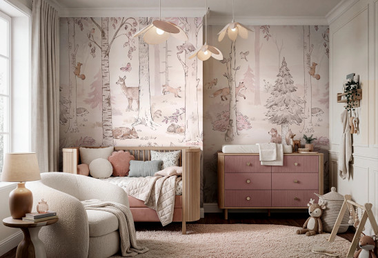HELLO RABBIT - pink - leśny mural ze zwierzętami do pokoju dziewczynki