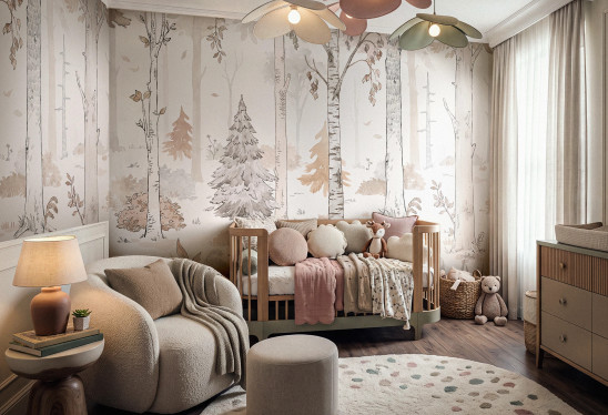 HELLO FOREST - beige - spokojna tapeta z motywem lasu