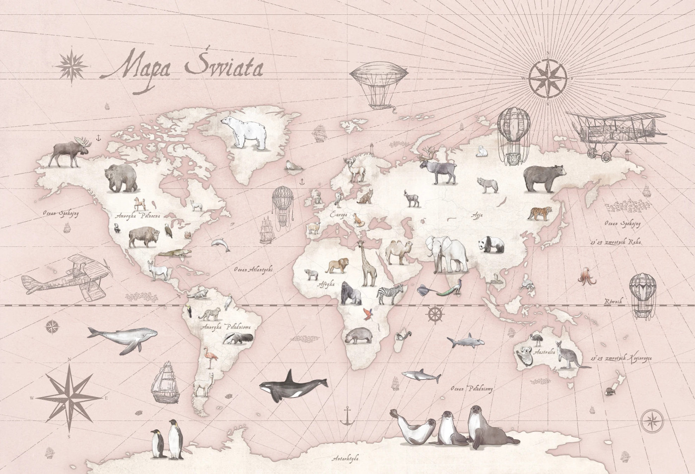 MAPS - rose - różowa tapeta z mapą i zwierzętami