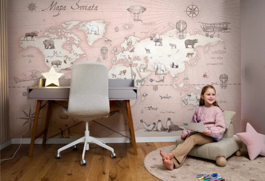MAPS - rose - różowa tapeta z mapą i zwierzętami