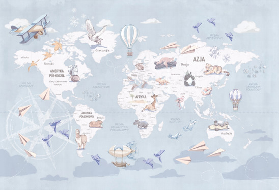 WANDERLUST – BLUE - tapeta mapa świata z samolotami i balonami